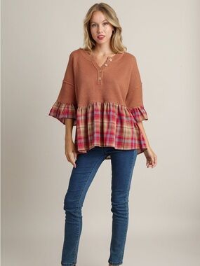 Umgee Waffle Knit Henley Top with Rust Bodice & Plaid Ruffle